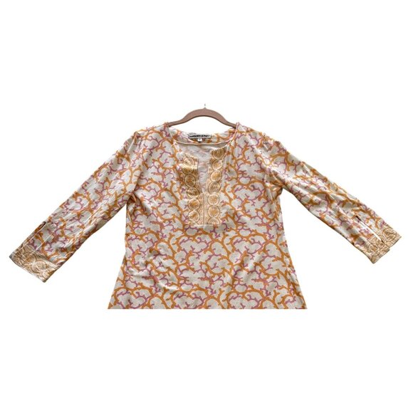 Barbara Gerwit Womens Tunic Dress Orange Purple Coral Print L 3/4 Sleeve Beachy - Picture 2 of 6